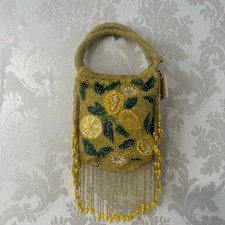 Mirasol Beaded Yellow Green Lemon Leave Grab Bag and Fringe Tassel Purse Clutch