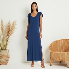 Evening Glam Maxi Dress Blue Fine Knit Cap Sleeve Ruffles Stretch Party M