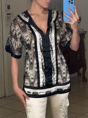 bebe Black and White Silk Abstract Print V-Neck Tunic Blouse Size XS
