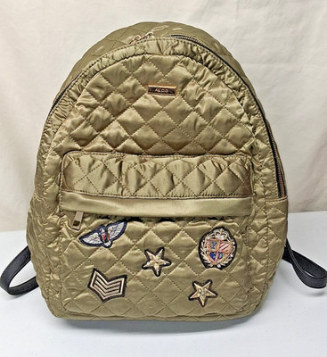 ALDO Eraynna Quilted Satin Backpack Olive Green Khaki Patches NWT NEW