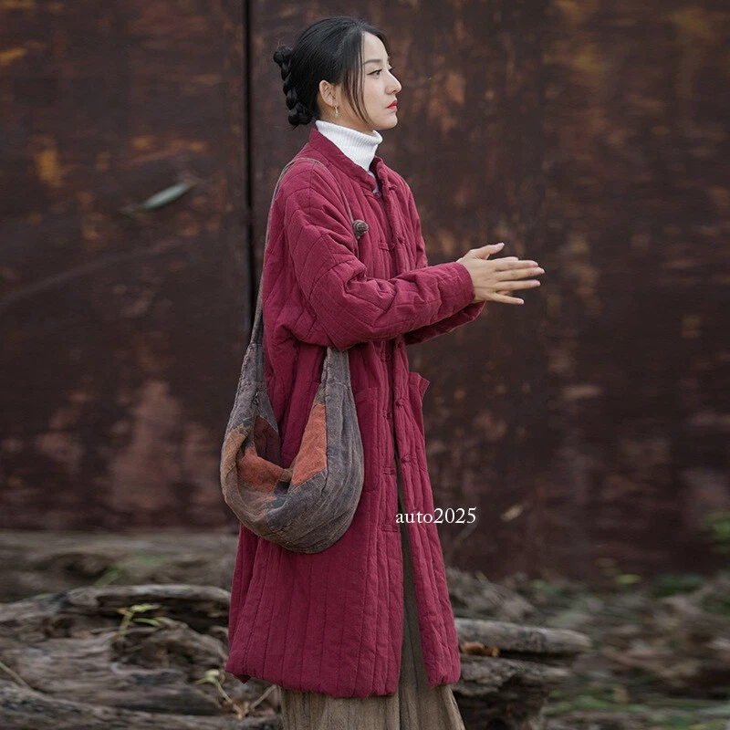 Invierno Algodón Lino Mujer Algodón Espesado Cálido Acolchado Abrigo Largo Algodón Acolchado Foto 3 de 4