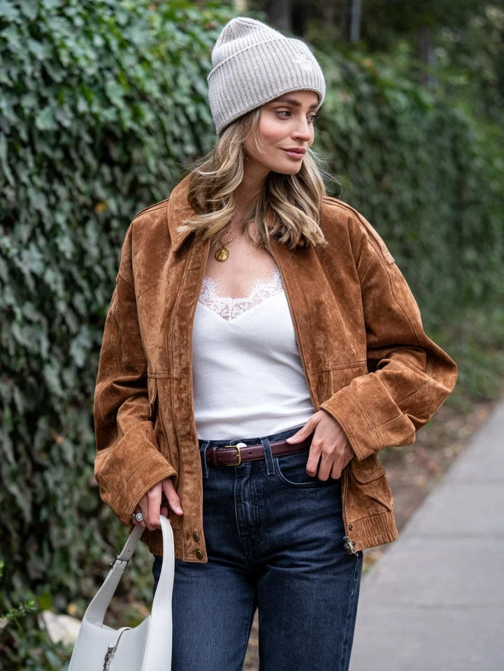 ZARA NEW WOMAN 100% SUEDE BOMBER JACKET WITH POCKETS DARK CAMEL 4341/871/751 - Image 4 of 4