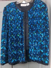 Lawrence Kazan fancy silk jacket sequins beads size medium bright blue green