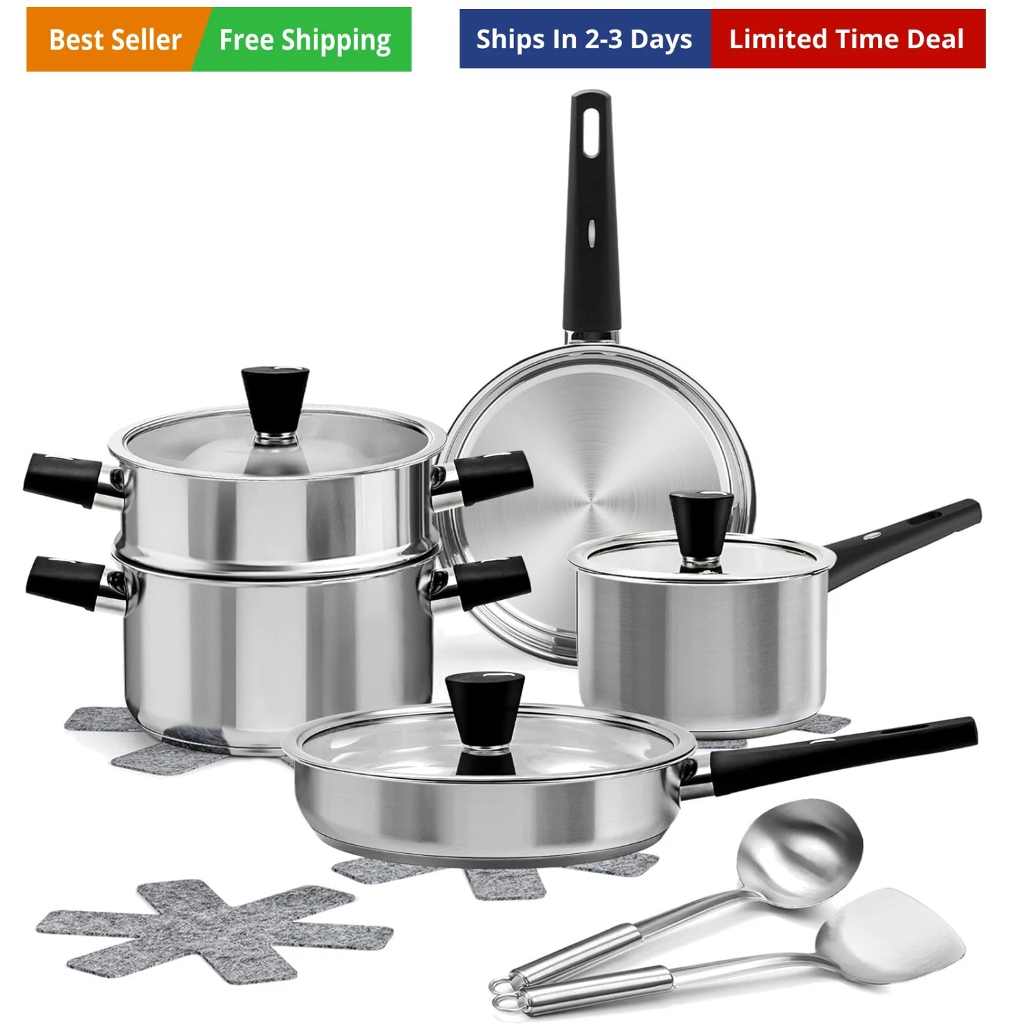 14-Piece Stainless Steel Cookware Set for Induction Stovetops – Non-Toxic Pot...