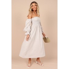 PETAL PUP Midi Dress Womens 4 Cotton Linen Smocked Off Shoulder Cottagecore