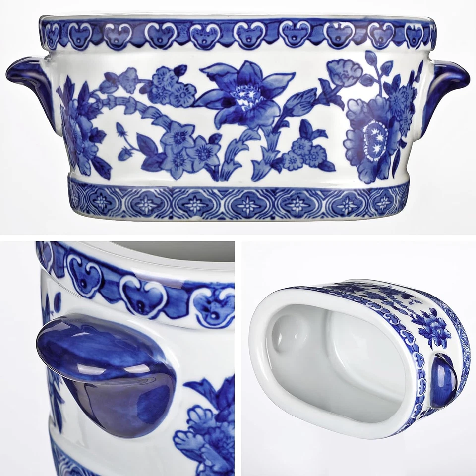 Blue and White Ceramic Planter Pot – Vintage Floral Oval Cachepot Vase for Indoo - Image 4 of 4