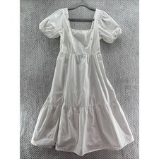 ASTR The Label Poplin Puff Sleeve Tiered Midi Dress Womens M White Front Slit