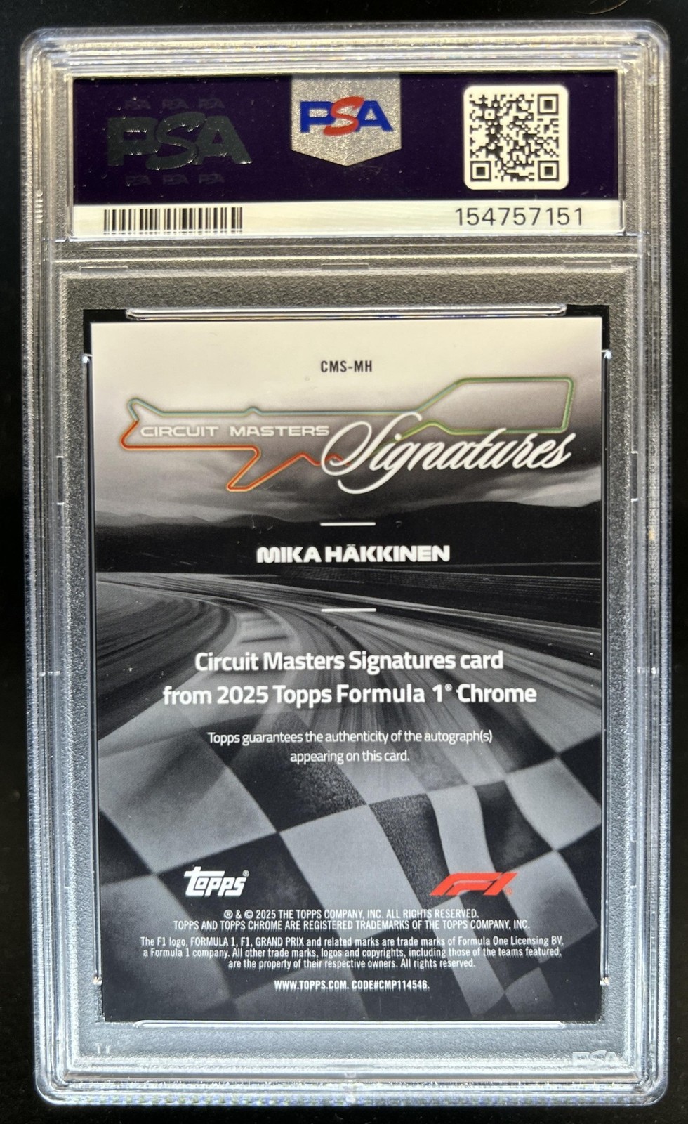 2025 Topps Chrome F1 Mika Hakkinen Circuit Masters F1 75th Auto #/75 PSA 9 view 2