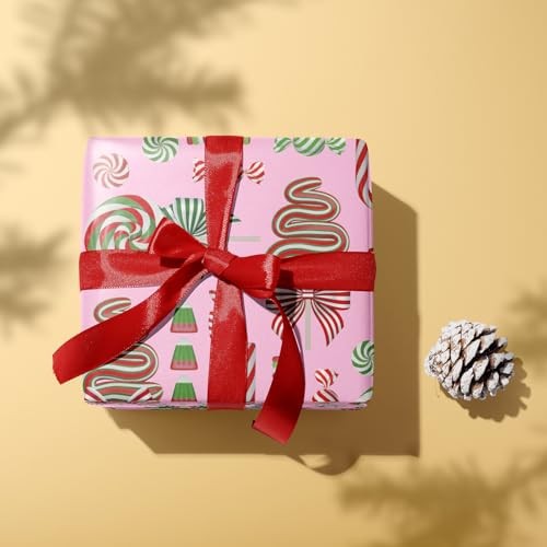 Christmas Pink Wrapping Paper Roll Canes with 17" X 16.4FT Sweet Candy ...