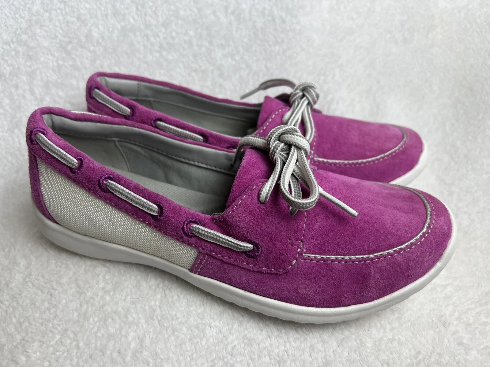 Scarpe da barca Clarks donna 6 5 M mocassini bassi pelle scamosciata magenta ottime!