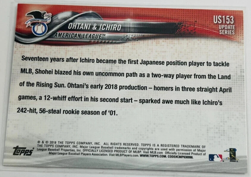 SHOHEI OHTANI Angels 2018 Topps Update RC #US153 JAPAN'S FINEST w/ Ichiro QTY - Picture 2 of 2