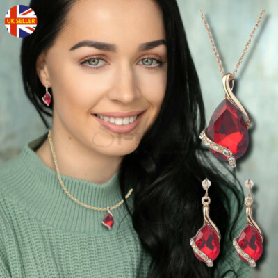 Vintage Style Classic Red Gem Necklace Earrings Set Womens Girls Jewellery  Gift UK