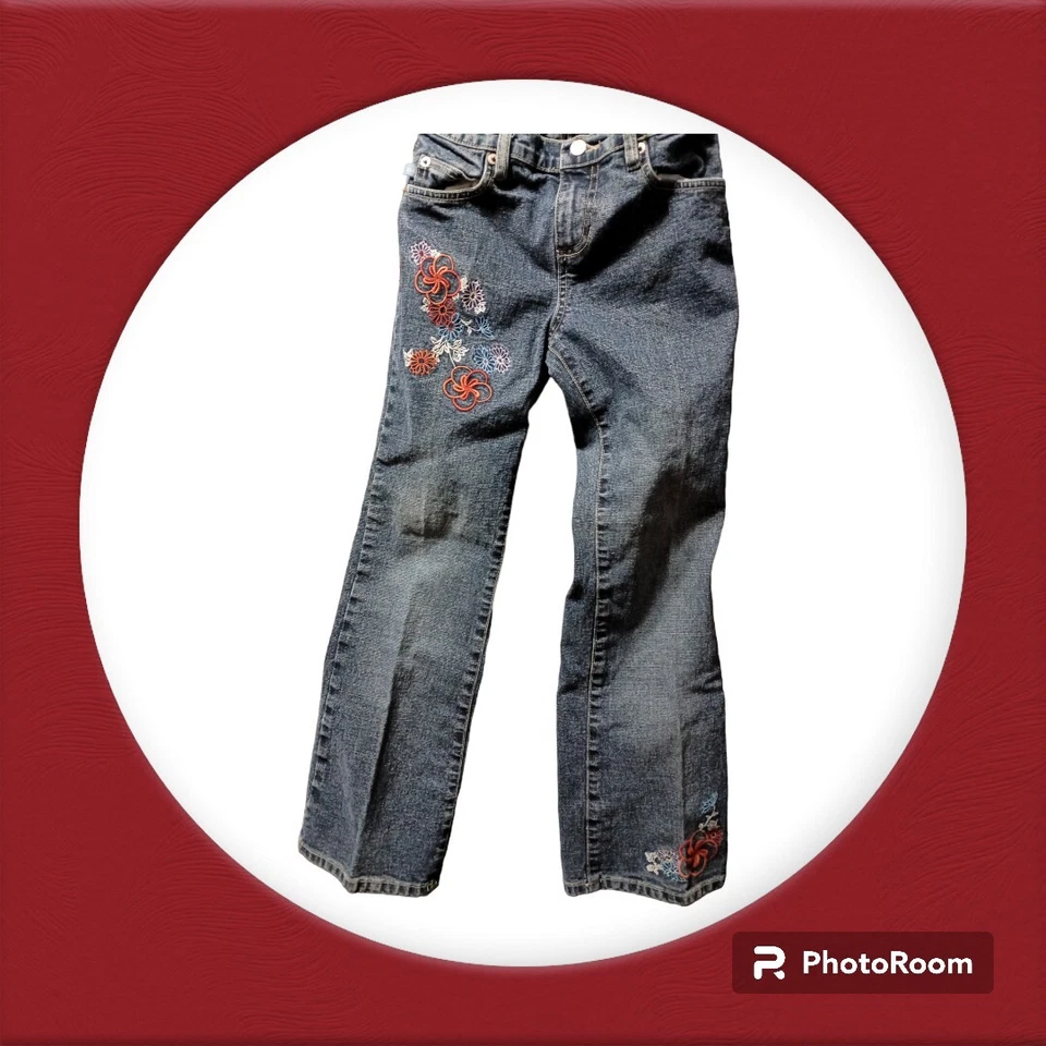 Pantalones de mezclilla bordados acampanados elásticos azules Canyon River años 90 Y2K niñas talla 8 Foto 2 de 4