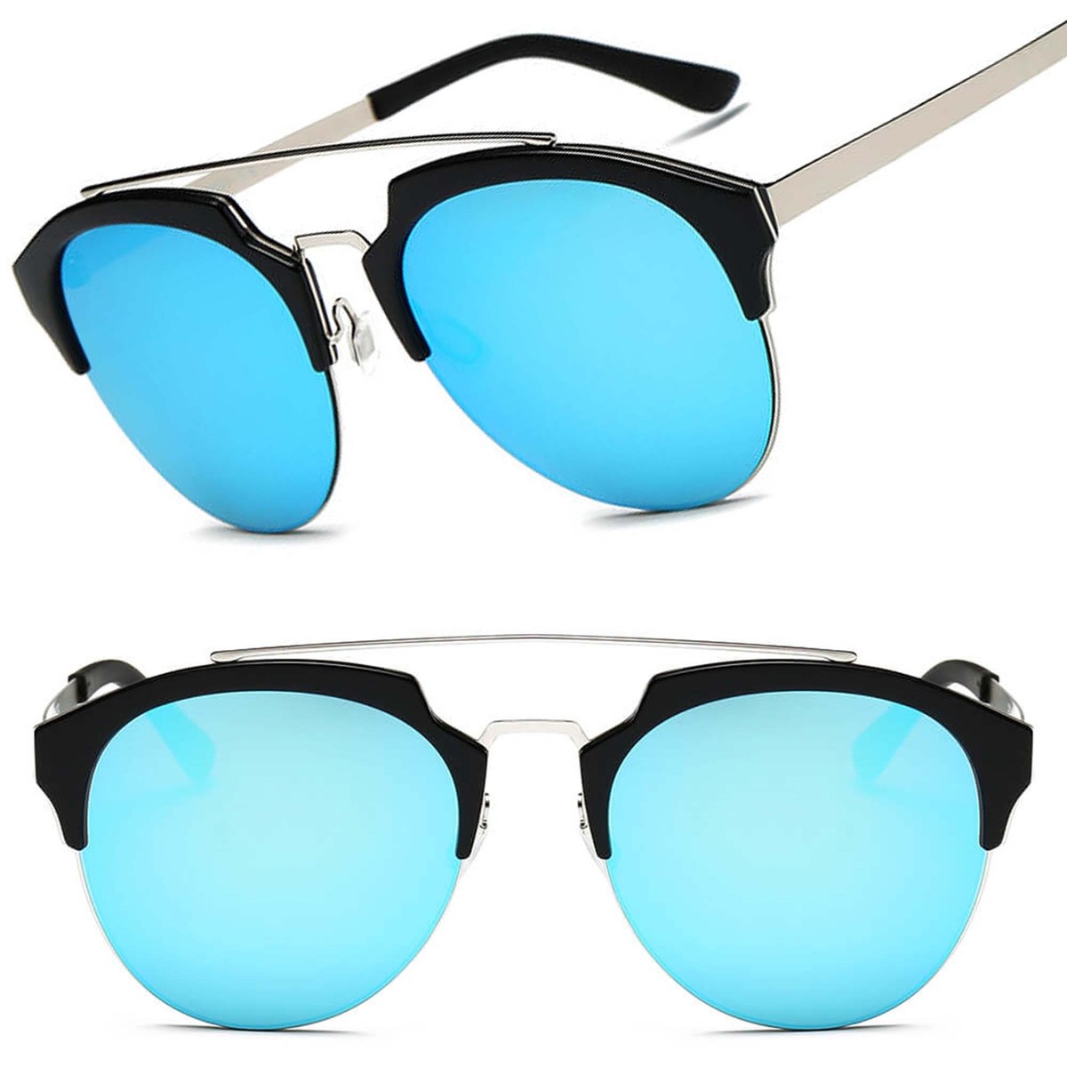Women Retro Half Frame Horned Rim Cat Eye Fashion Blue Mirrored