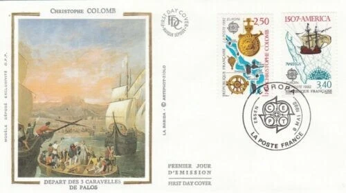 France 1992 Chrstophe Colomb Europa Silk FDC special cancel unaddressed VGC