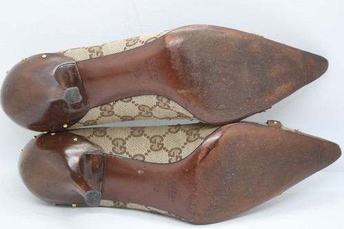 Vintage GUCCI GG Monogram Canvas Leather Gold Studded Accent Pumps Heels 7 37.5 - Picture 6 of 8