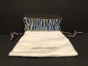 JUDITH LEIBER Compact Pocket Mirror Blue Clear Crystal Top Silver & Dust Bag!