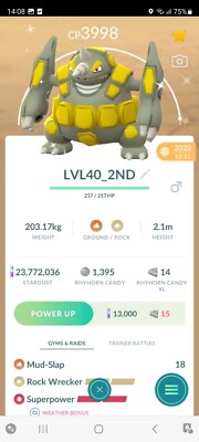 PVP BEAST!   LVL40 SHINY RHYPERIOR w/2ND MOVE!!!   - PKMN GO - NOT REGISTERED