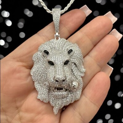 935 Silver With Simulated White Round Sapphire CZ Lion Head Men