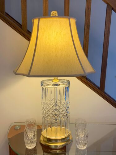 SCARCE WATERFORD CRYSTAL "LISMORE" HUGE 32" CYLINDER FORM BRASS TABLE LAMP - Afbeelding 1 van 22