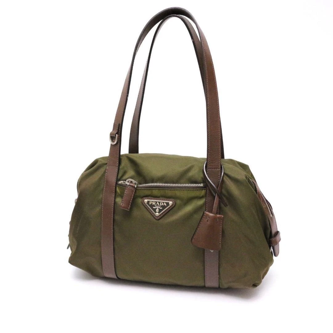 Prada Tessuto Handbag Mini Boston Bag Nylon Leather Khaki