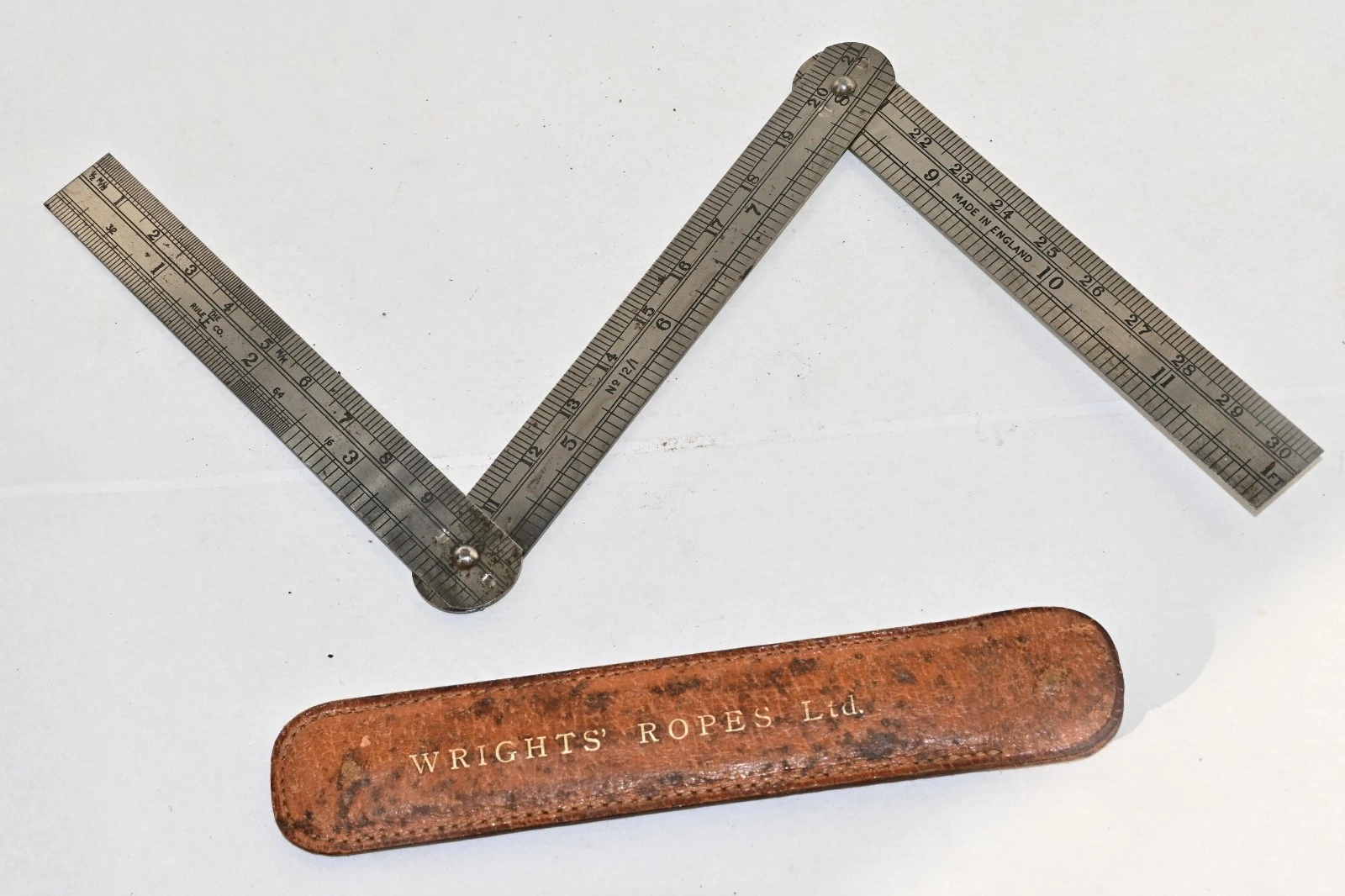 Vintage 12” Folding Steel Rule in Leather Case WRIGHTS ROPES Ltd