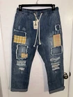 EASEL WASHED DENIM PATCHWORK Barrel Size Large Pull on Elastic Waist Jeans NWT