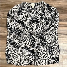 Cynthia Rowley 100% Linen Tunic Top Women's Size 1X White Black Leaves Button-up