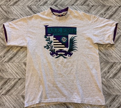 VTG Lake Erie T-Shirt Mens Gray Large Michigan USA Double Collar Y2K Outlaw Logo