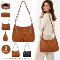 Ladies Hobo Shoulder Bag Crossbody Handbag Multi Zip Synthetic 2 Colours