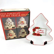 Vintage 50s Christmas Tree Porcelain Dish & Stand Candy Nut Tid Bit Tray  JAPAN