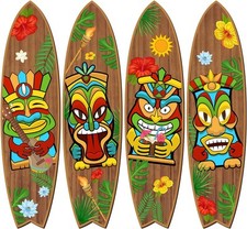 4 PCS Tiki Surfboard Wall Decor Surfboard Wall Hanging Sign Wooden Beach Decorat