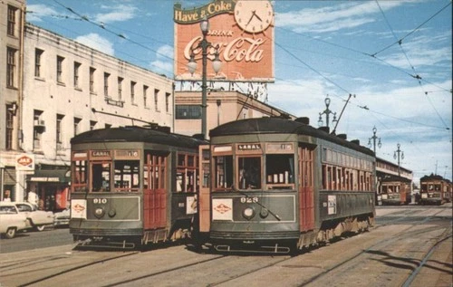 Orleans Canal St. Trolley Cars with Coca-Cola Sign,LA County Vintage PC