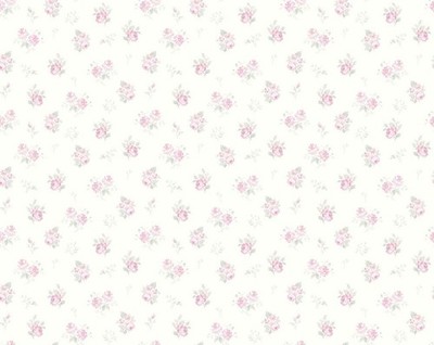 Wallpaper Mini Pink and Green Rose Floral Toss on White, 60 sq ft Bolt