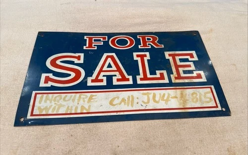 Vintage 1950’s Tin FOR SALE Sign Blue/Red & White Metal 14” Wide x 8" high