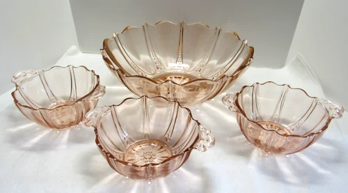 Anchor Hocking Oyster & Pearl Pink Depression Glass 10.5" Lg Serving Bowl + 3