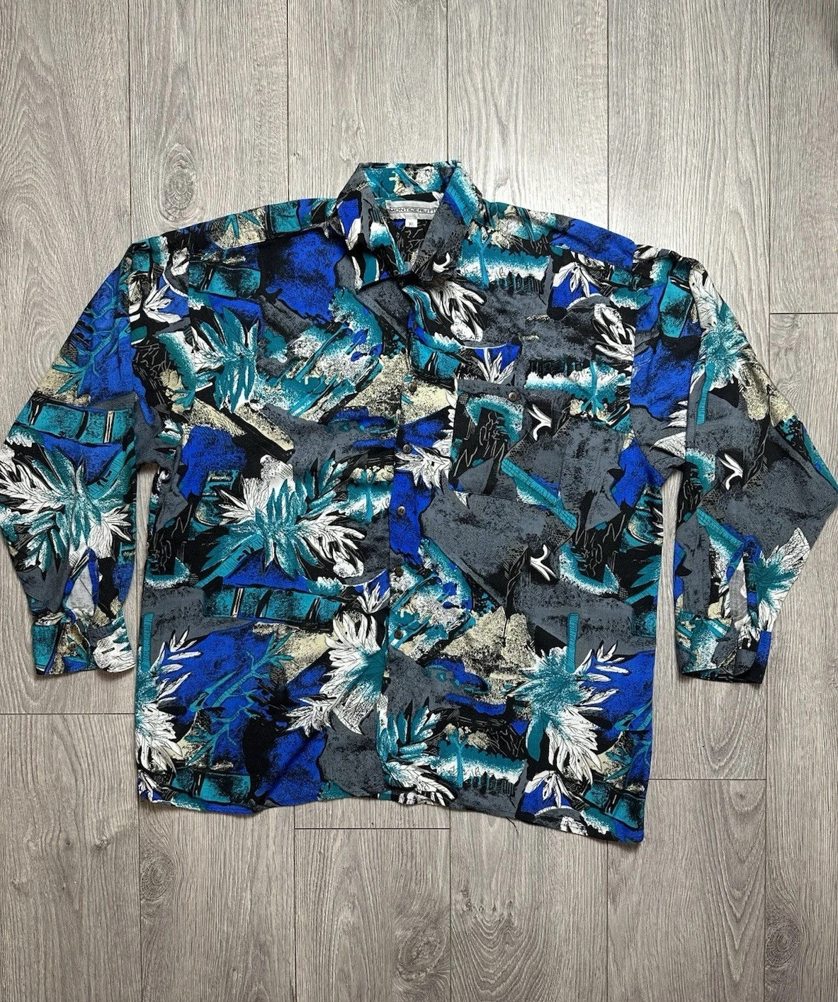 Monticerutti XL Abstract Tropical Shirt Blue Teal Rayon Long Sleeve VintageKorea