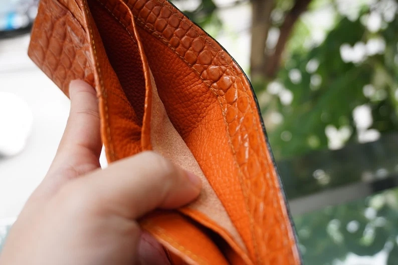 Real Double-sided Orange Black Leather Bifold Wallet Men's Wallet Card Holder - Image 4 of 4