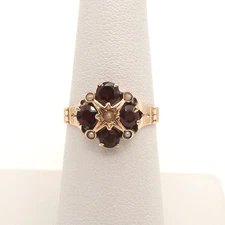 Victorian 14k Gold Natural Garnet Seed Pearl Ring Quatrefoil Setting sz6