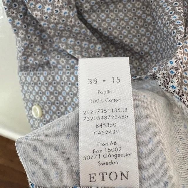 Camisa Eton Para Hombre Pequeña 15 38 Azul Marrón Geométrica Ajustada Popelina Vestido Abotonada Foto 4 de 4