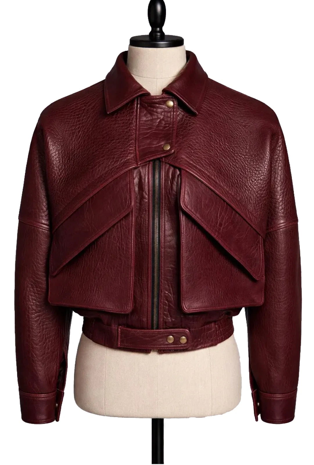 Handcrafted Genuine Leather Cropped Bomber Jacket – Luxury Burgundy Moto Jacket.