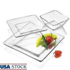 12 Piece Square Clear Glass Dinnerware Set Dishwasher Safe Stackable Plates New