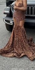 Brown Gold Sequin Embellished Formal Gown with Train