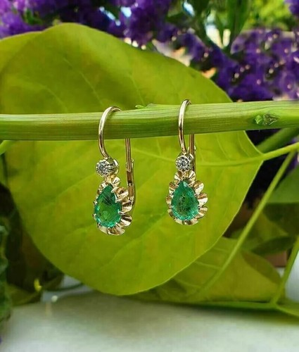 Pendientes de boda estilo art déco creados en laboratorio diamantes esmeralda oro amarillo de 14 quilates FN - Imagen 2 de 6