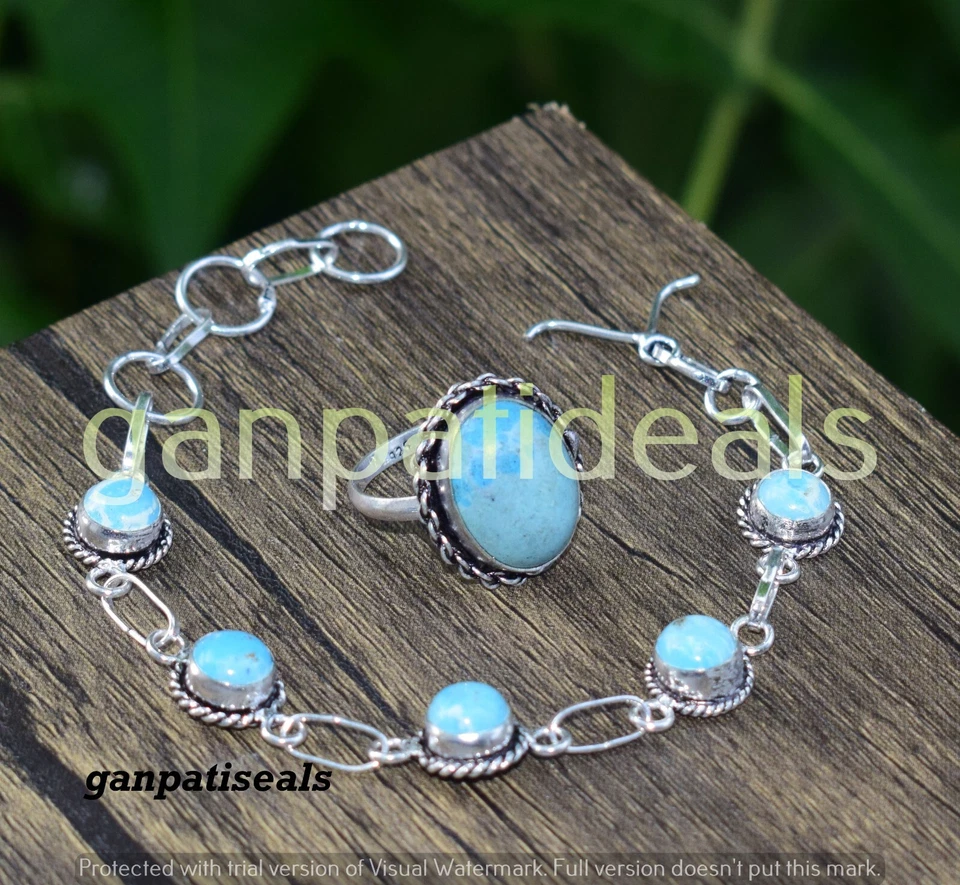 Lote de 2 piezas de joyas étnicas Larimar gemas combinadas en plata 925 forma mixta Foto 3 de 3