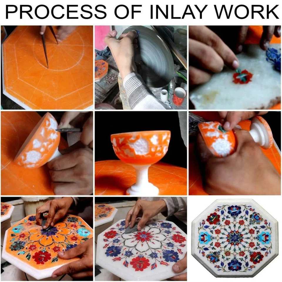 Handmade Black Marble Round Tabletop Floral Artwork with Unique Custom Furniture - Image 4 of 4