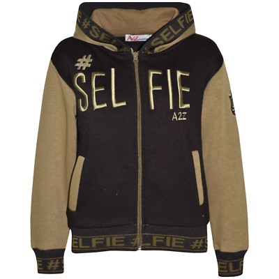Kids Girls Jacket #Selfie Embroidered Khaki Zipped Top Hooded Hoodie 5-13 Years