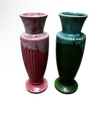 Pair Of Vintage Glazed Vases 18cm Pink Green MCM Boho Retro Japan