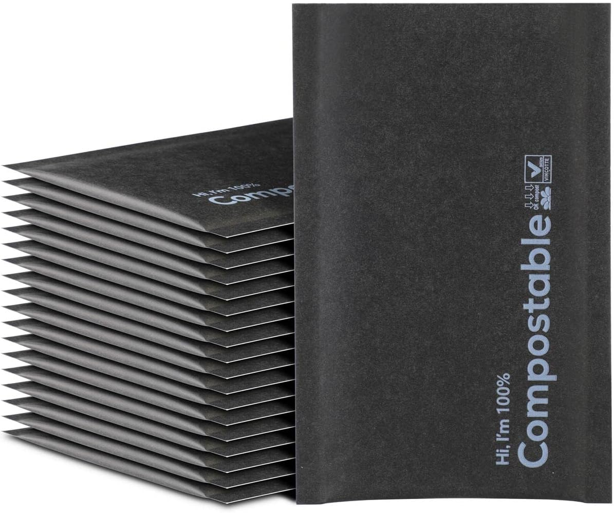 4X8 100% Biodegradable Bubble Mailers,25 Count Kraft Black #000 Compostable Padd