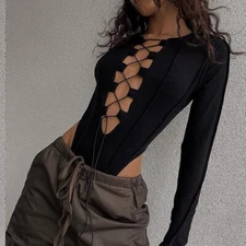 Slim Temperament Solid Color Long Sleeves Women's Bodysuit Summer Sexy Openwork